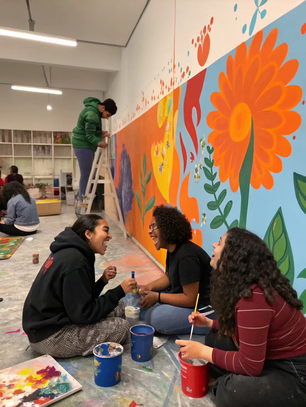 A photograph capturing a group of artists collaborating on a large-scale mural, depicting themes of biodiversity and cultural heritage, with vibrant colors and intricate details.