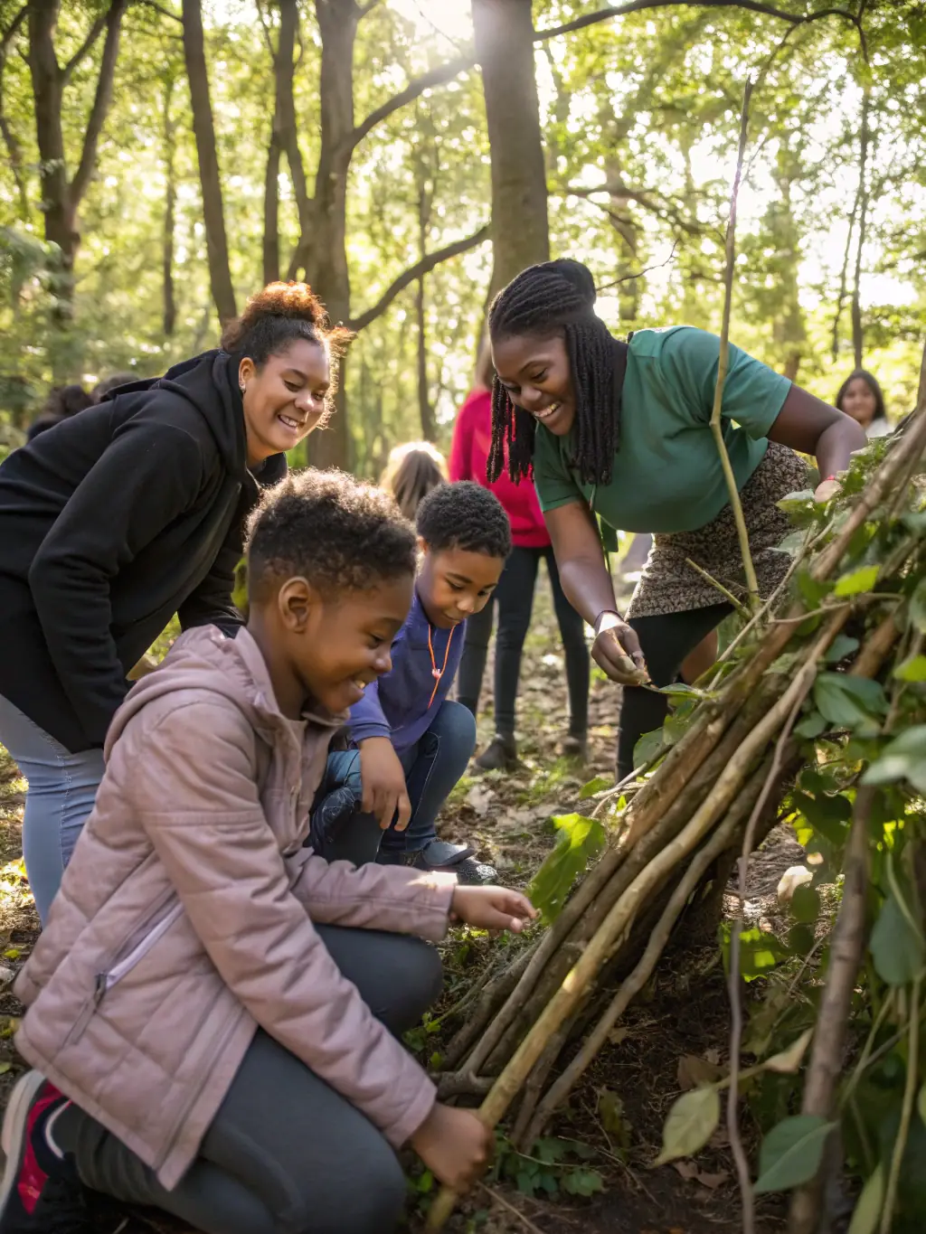 A vibrant image showcasing participants engaged in an ecological architecture workshop, constructing a small-scale model of a sustainable building using natural materials, set against a backdrop of lush greenery.