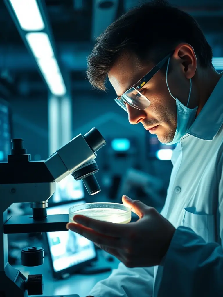 An image of researchers in a laboratory setting, analyzing soil samples from an organic farm, with scientific equipment and data charts visible in the background.