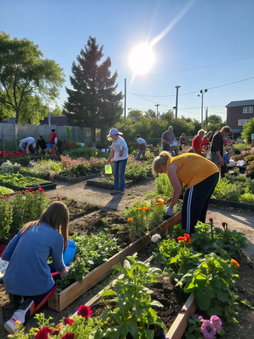 A diverse group of people of different ages working together in an organic garden at ZHI YUAN, highlighting the intergenerational learning program.