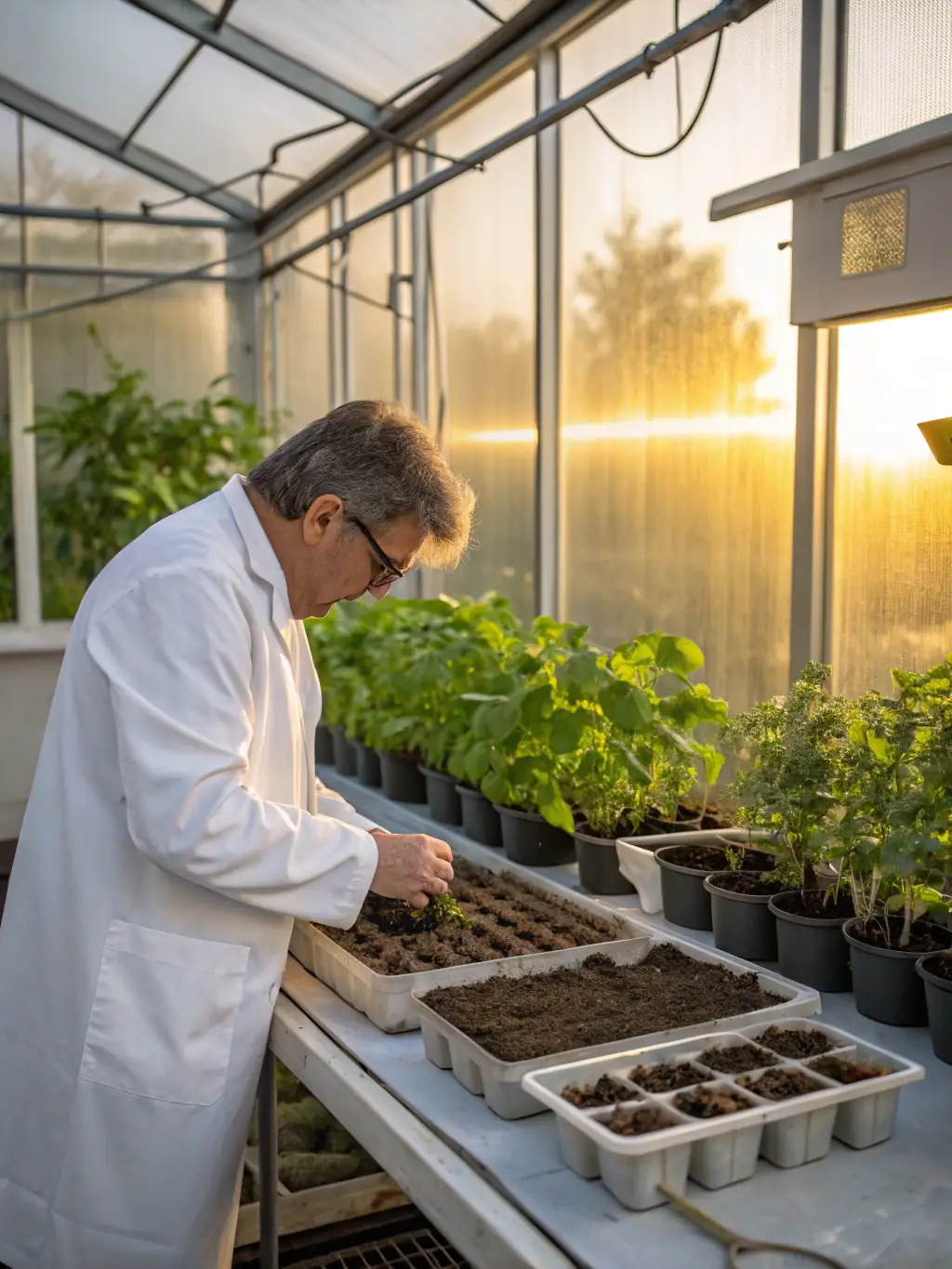 Researchers in lab coats examining soil samples at ZHI YUAN, with organic crops growing in the background, representing the scientific research program.