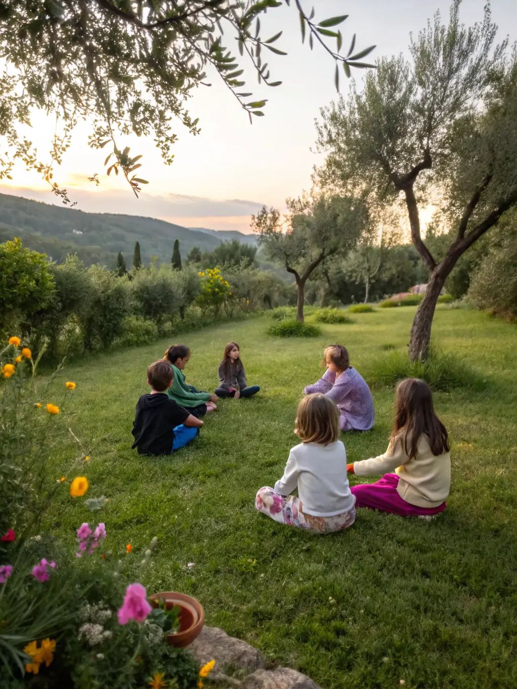 A heartwarming image of children participating in an art therapy session, creating artwork inspired by nature, with a therapist guiding them in a serene environment.